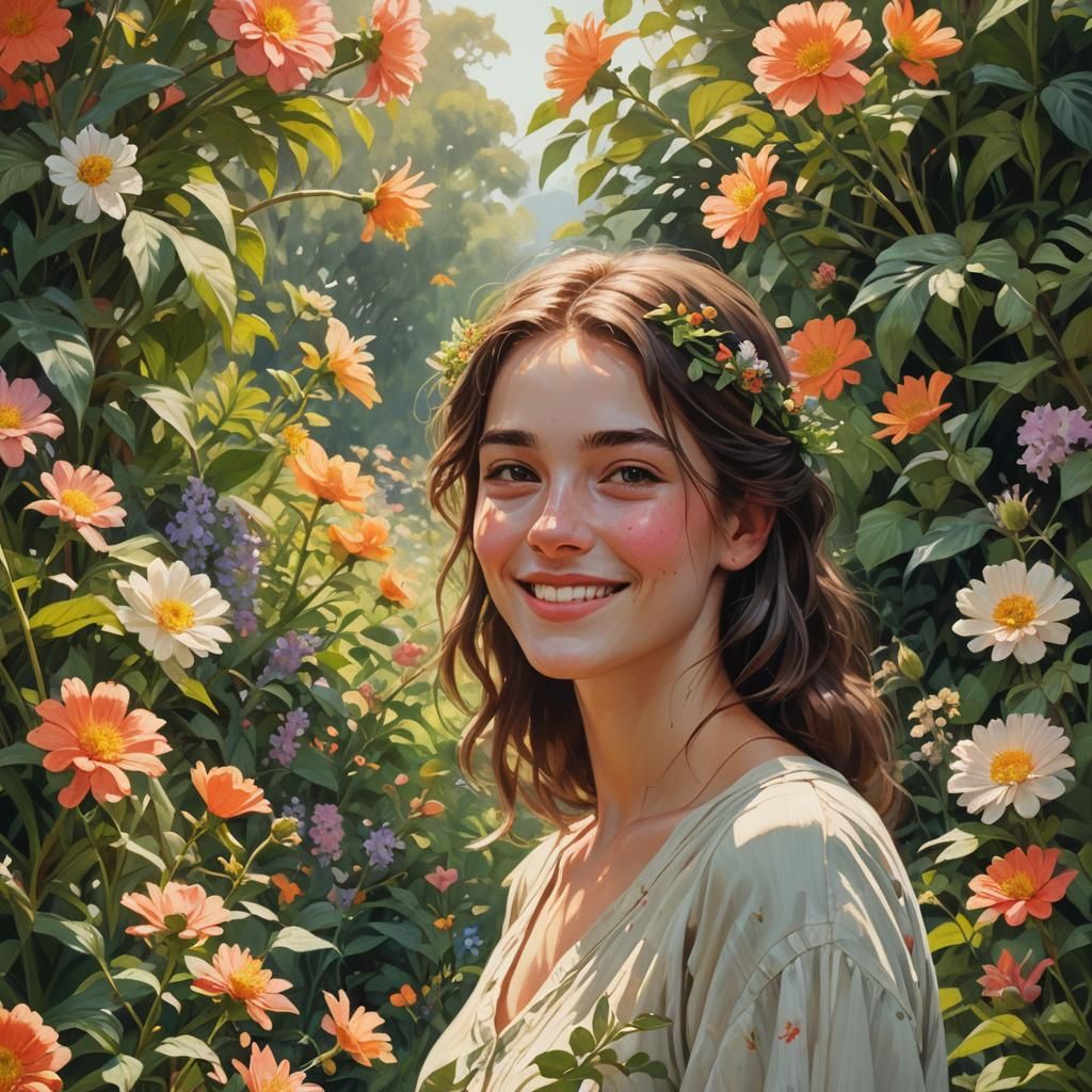 Radiant Woman with Infectious Smile in Dreamy Landscape