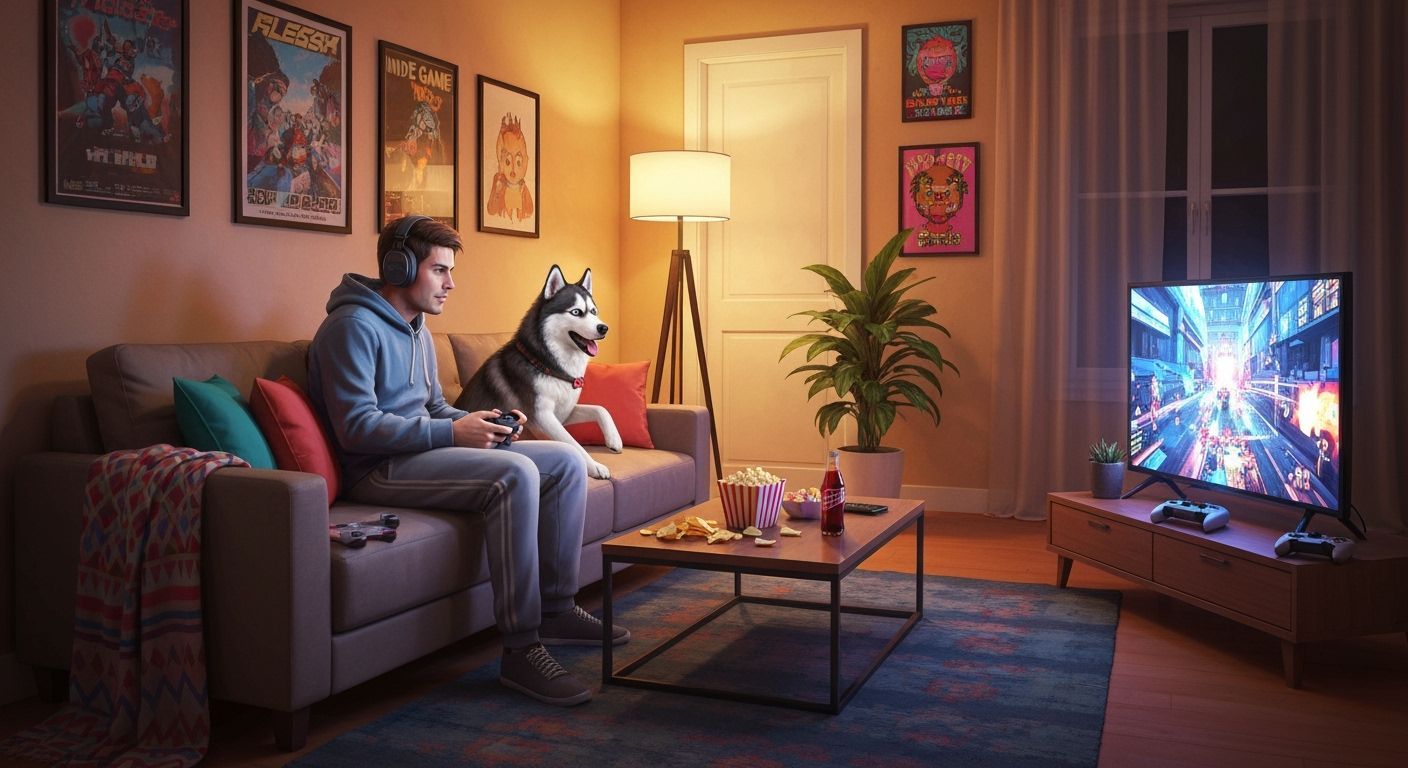 Husky Watches Owner Play Video Games on Couch