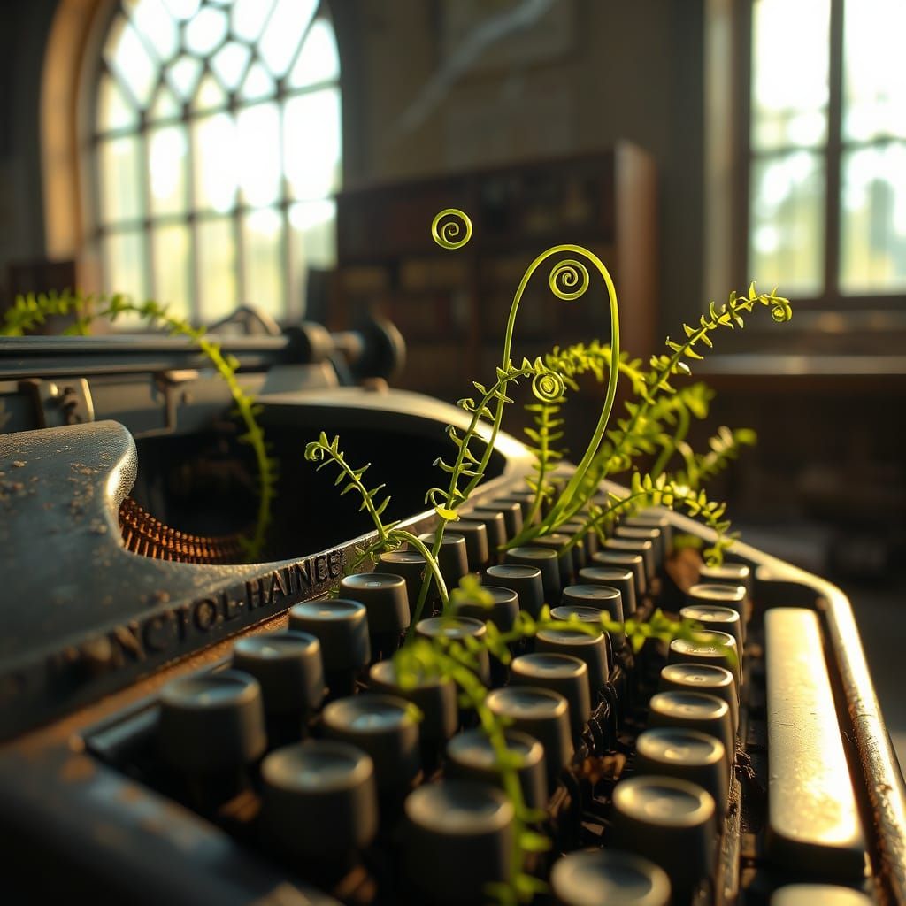 Ferns Sprout in Abandoned Library, Photorealistic
