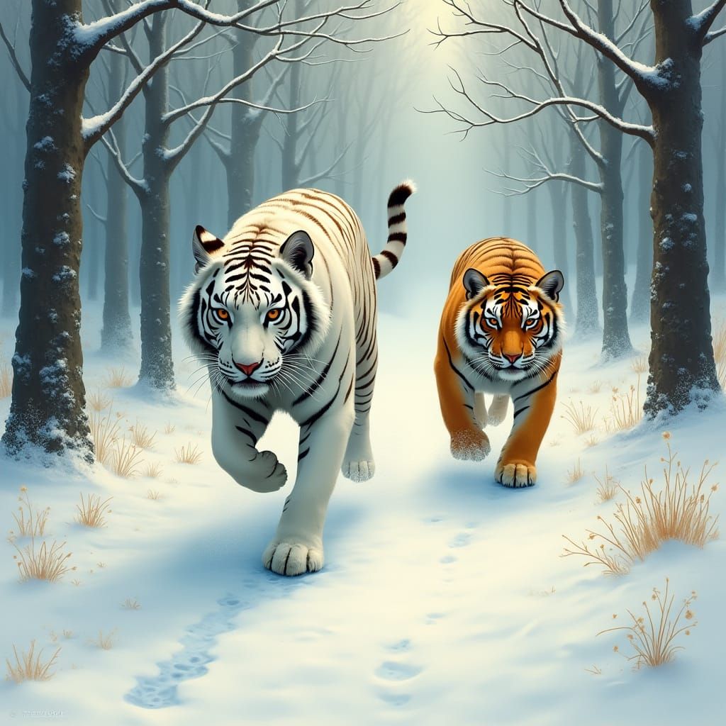White and Bengal Tigers in Snowy Landscape