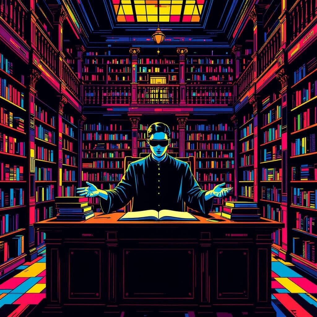Blind Librarian in Grand Library Pop Art Style