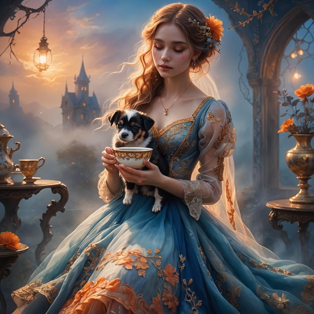 Girl and Puppy in Teacup: Fantasy Art