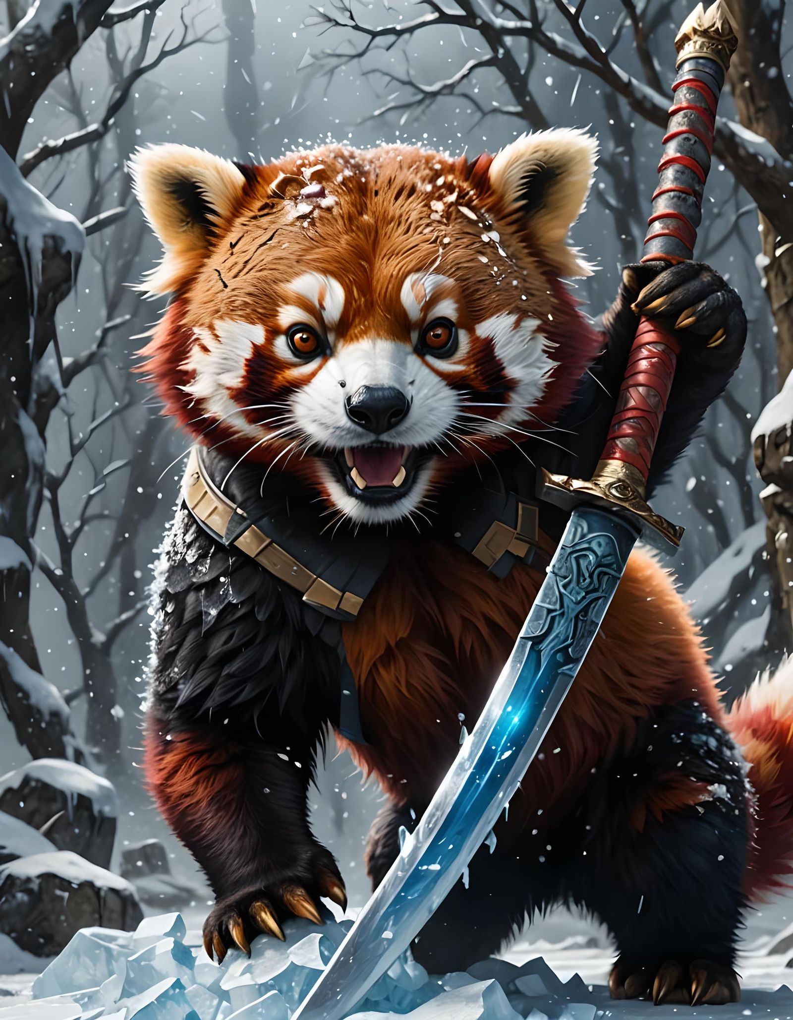 Furry Red Panda Warrior with Frozen Katana