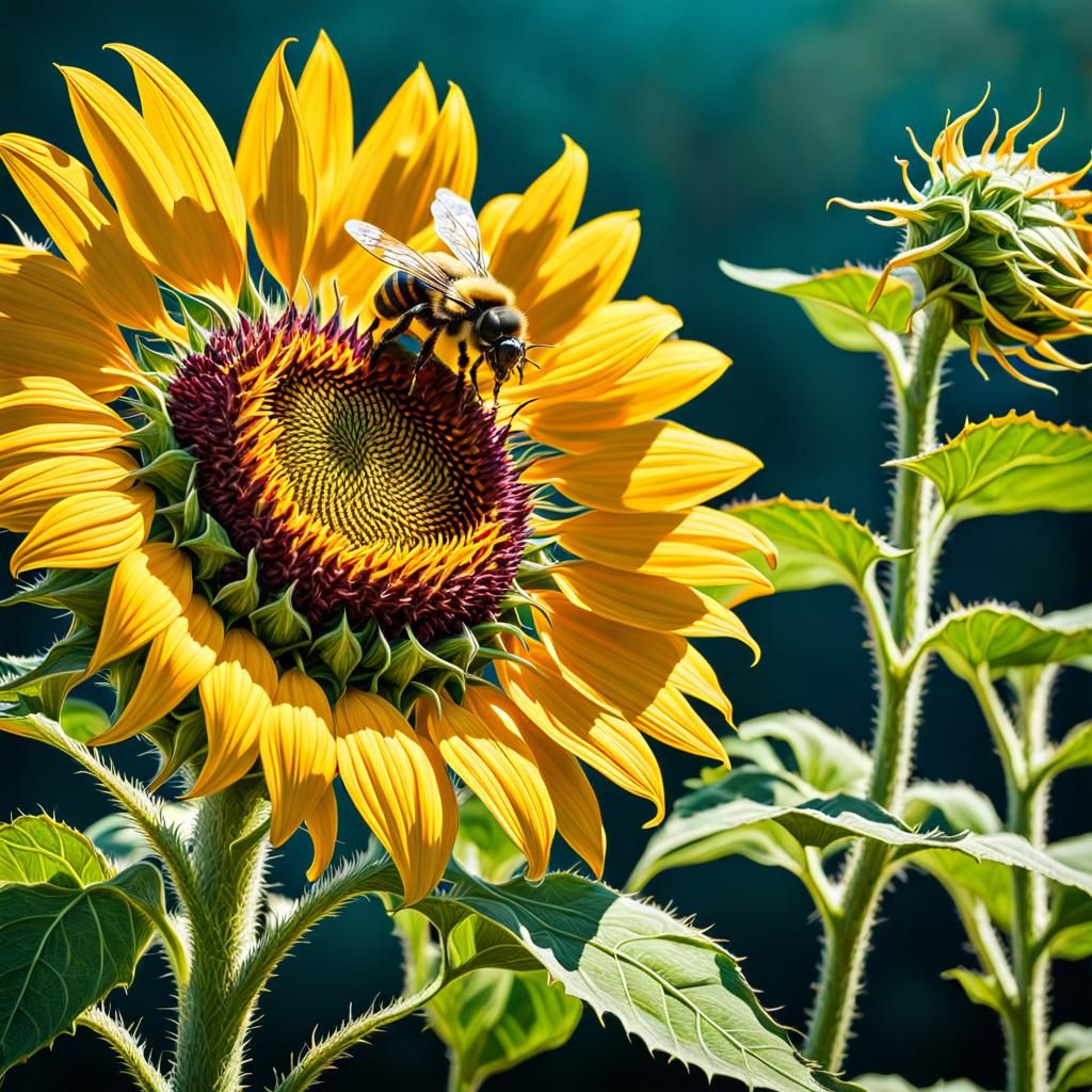 Bee Pollinating Sunflower in Neo-Impressionistic Style