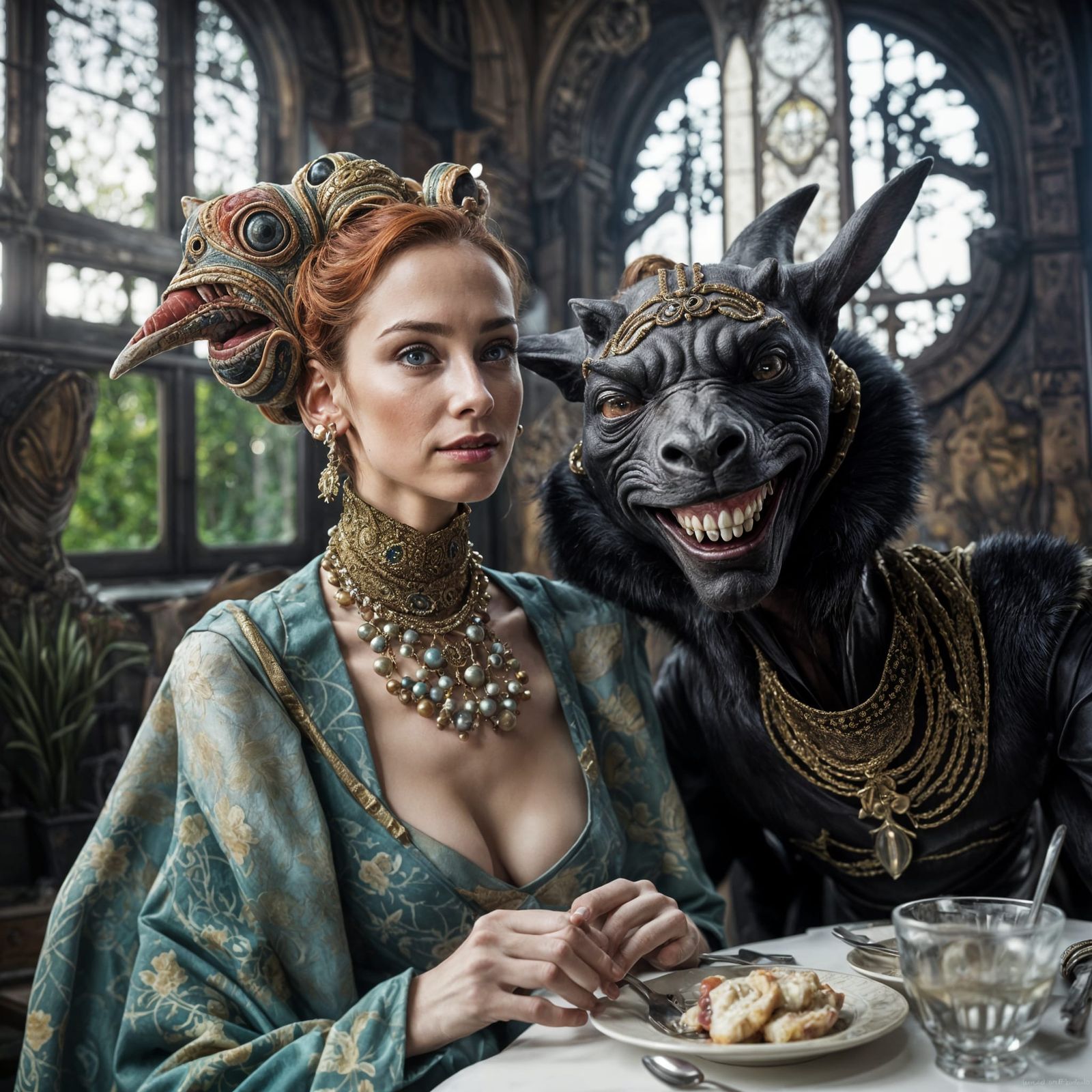 Surreal Restaurant Scene with Elegant Aliens