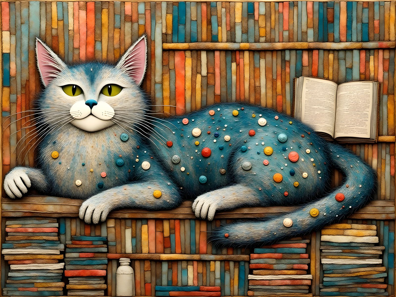 Sleepy Cat in Mixed Media Textile Art