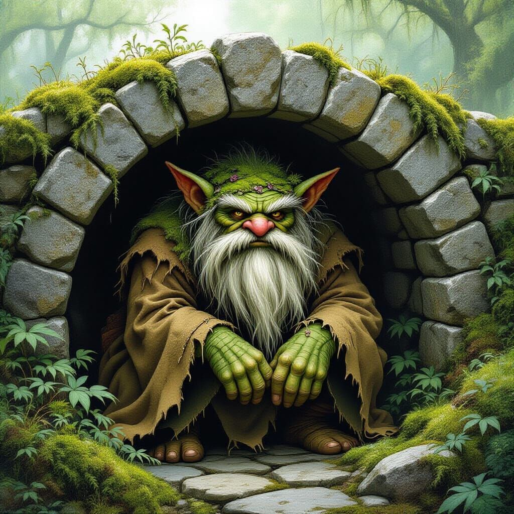Mystical Moss Troll Under Stone Bridge