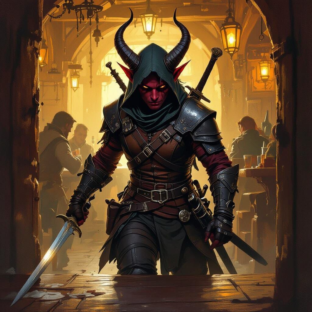 Tiefling Rogue in Tavern with Dramatic Lighting