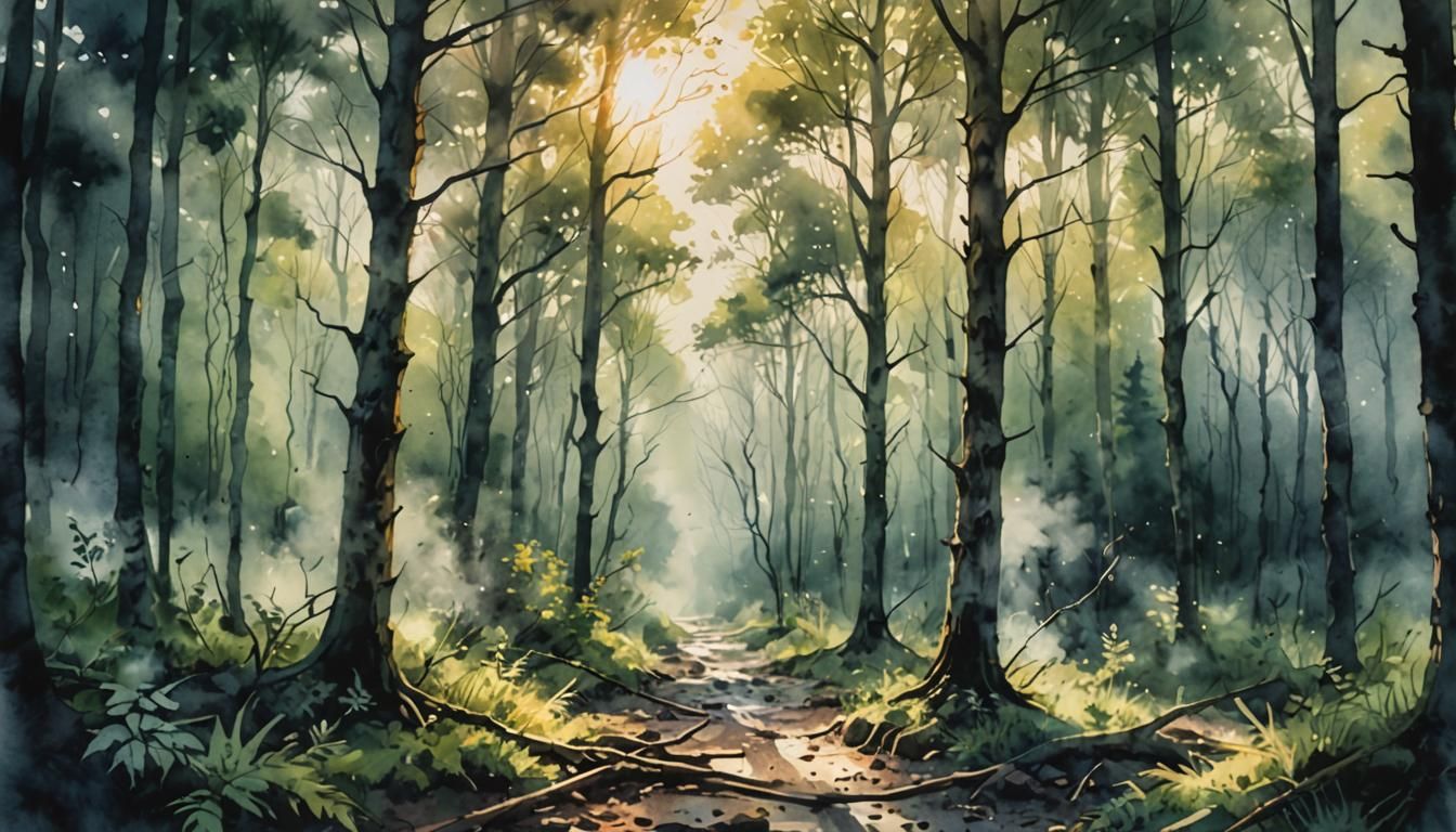 Whispering Woods: Watercolor Illustration in Glass Oil Mist