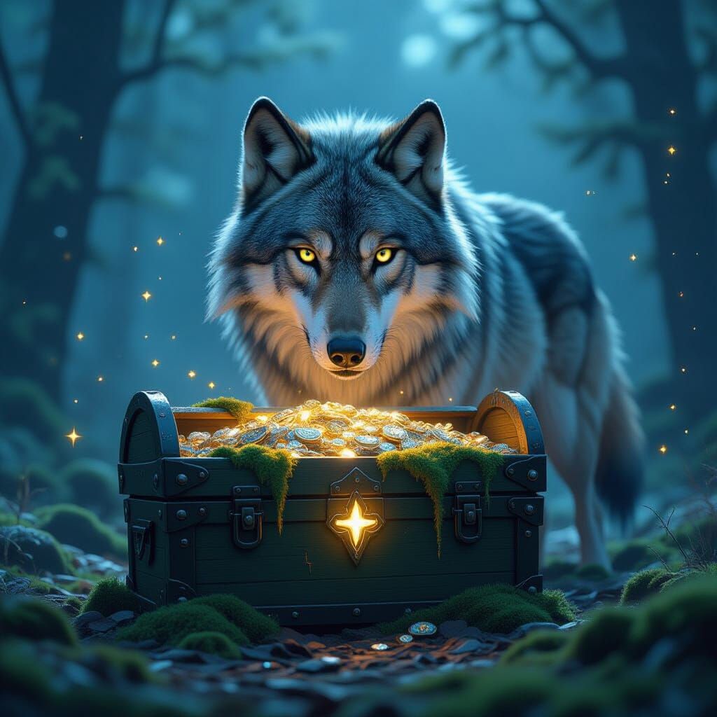 Wolf Guarding Treasure Chest with Runes