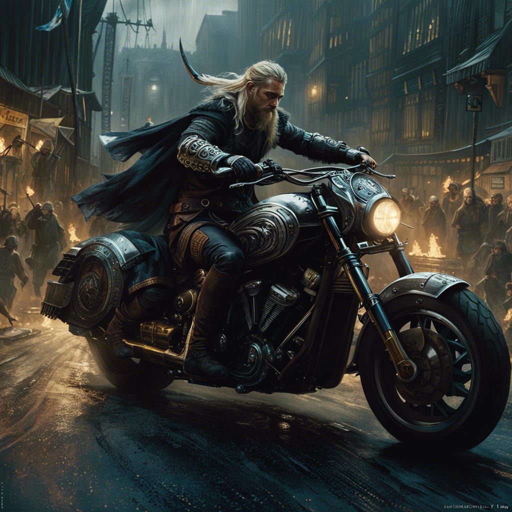 Viking on Motorcycle: Norse-Themed Cinematic Photography