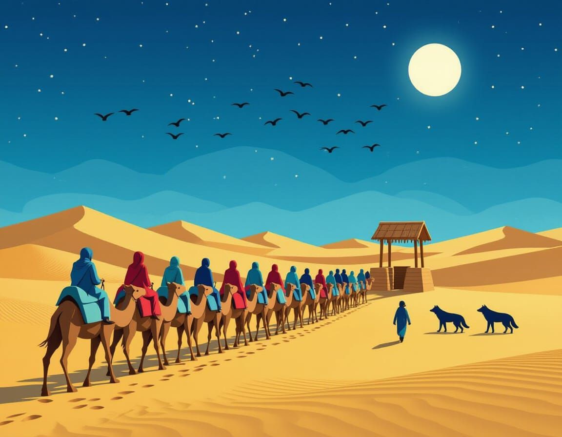 Camels and People in Desert at Night, Origami Style