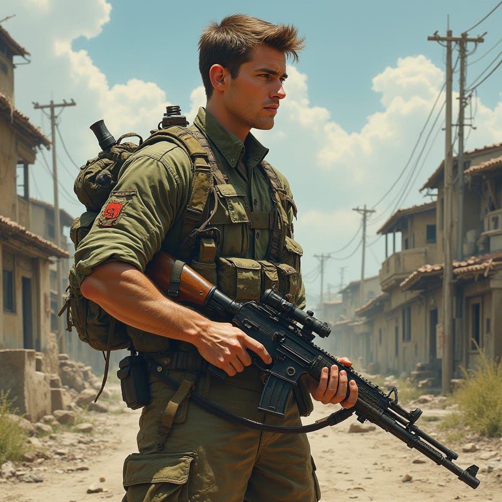 War-Torn Soldier in Gritty, Industrial Realism