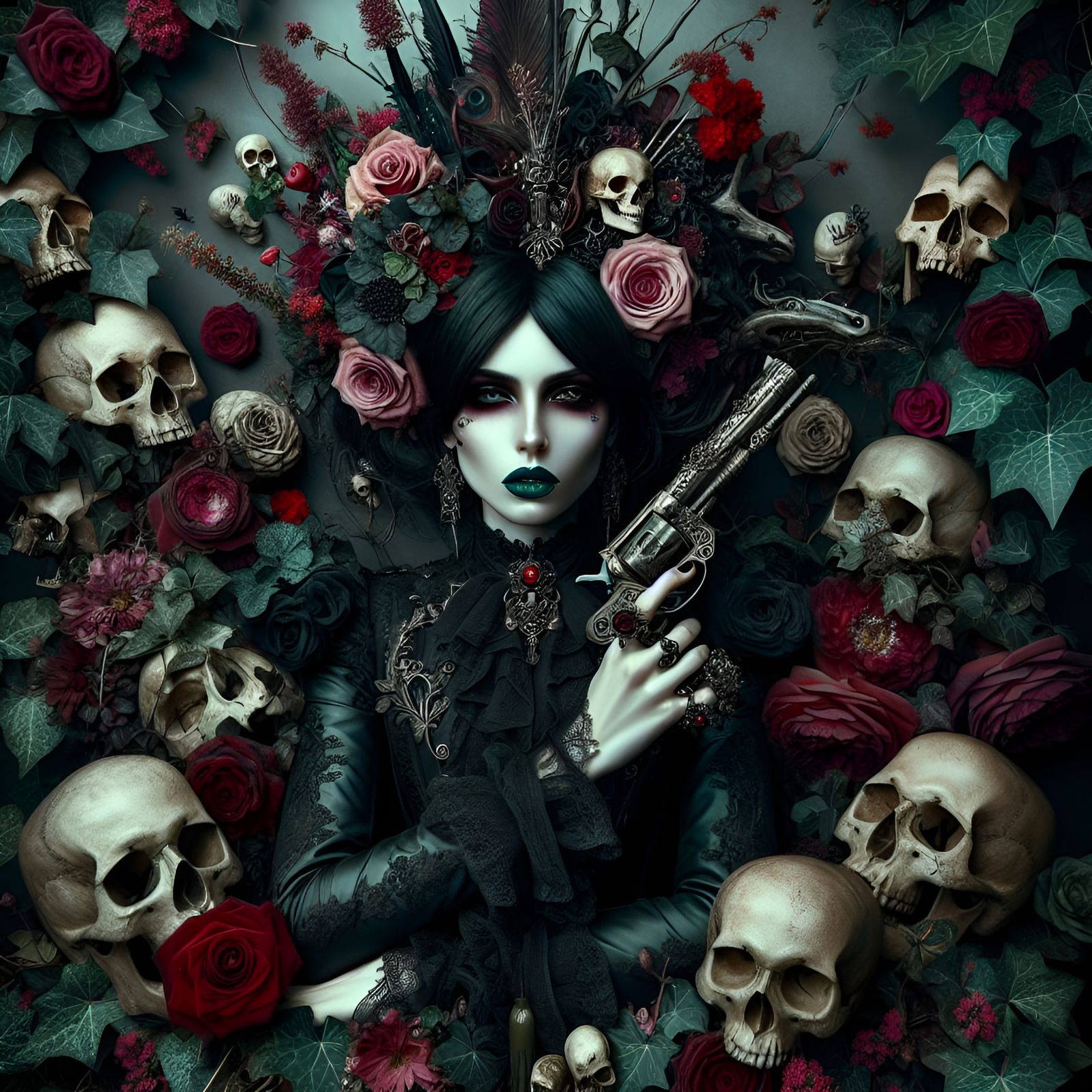 Gothic woman, roses, guns, ivy, skulls, Emile Autumn, atmospheric ethereal mystical