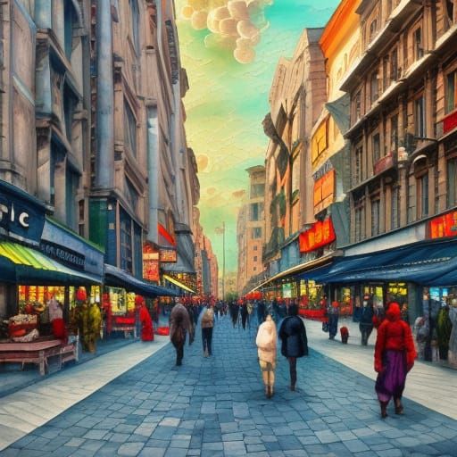 Lively Street Scene in Gouache Watercolor Style