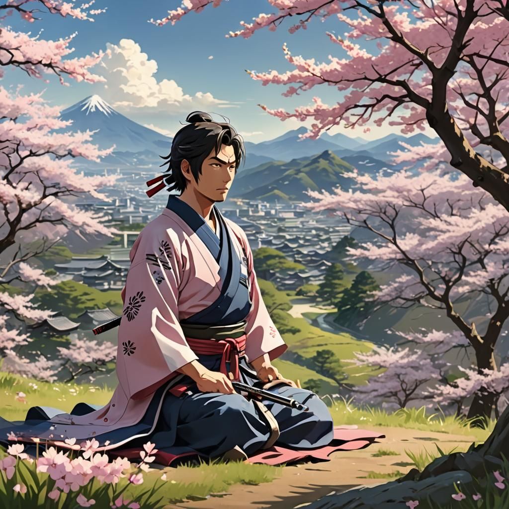 Samurai Meditation in Cherry Blossom Valley: Anime Key Visua...