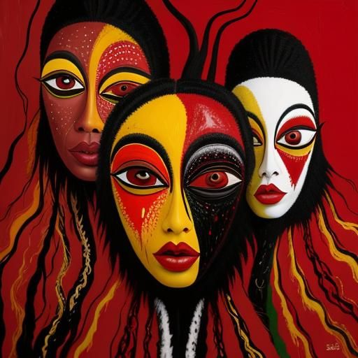 Red Pareidolia Faces in Surreal Abstract Oil Painting