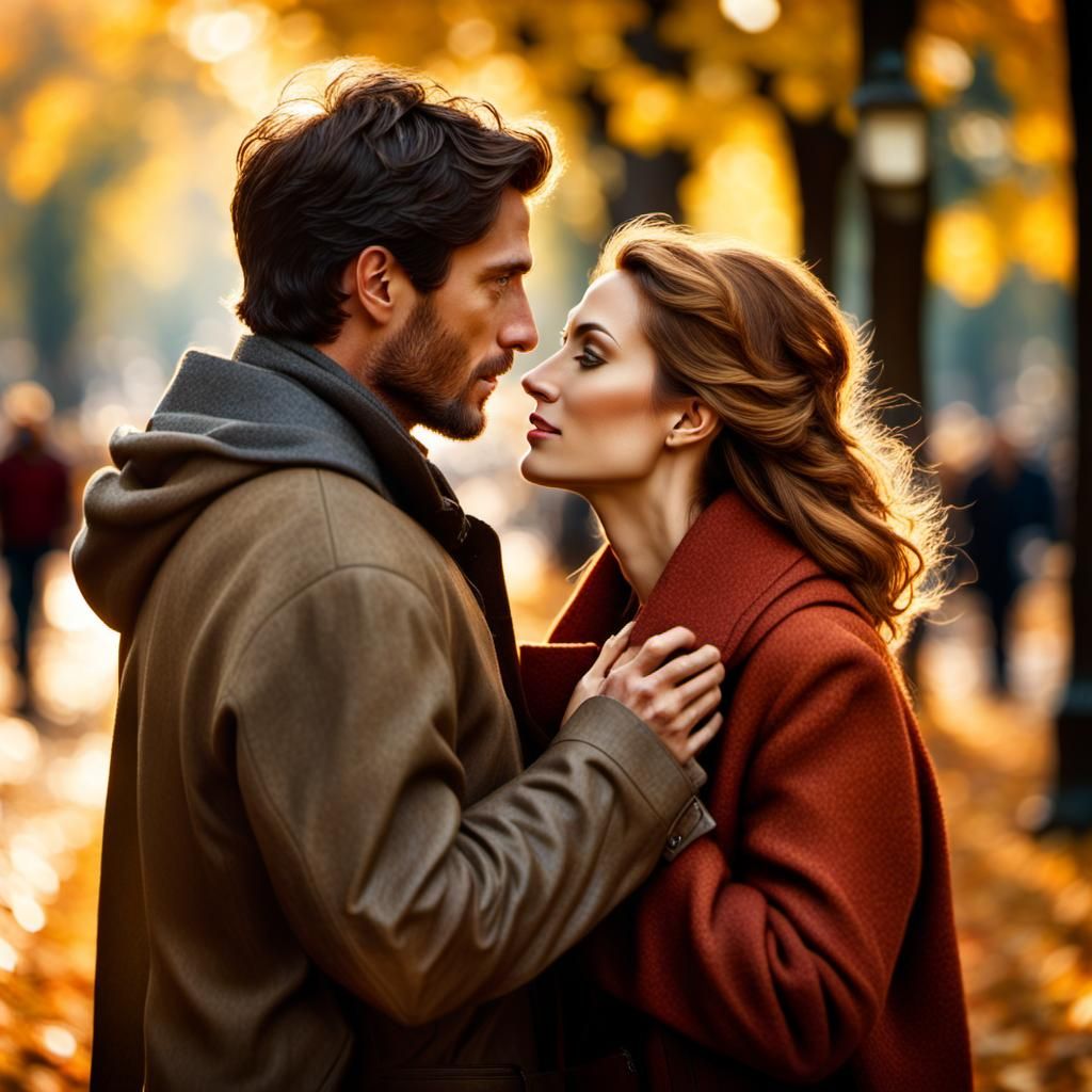 Romantic Autumn Photo of Young Couple in Park