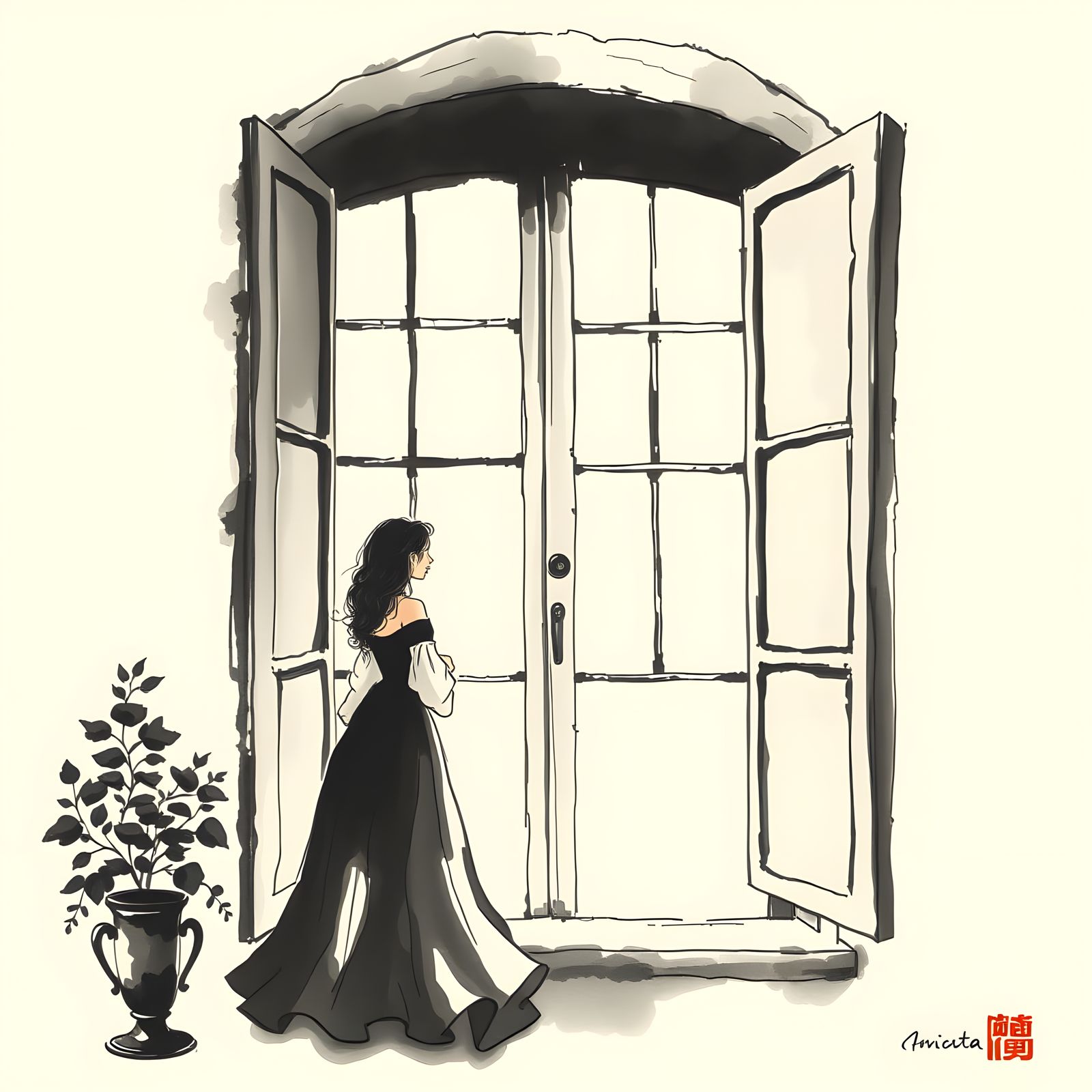 Elegant Figure by Window in Vintage European Ink Style