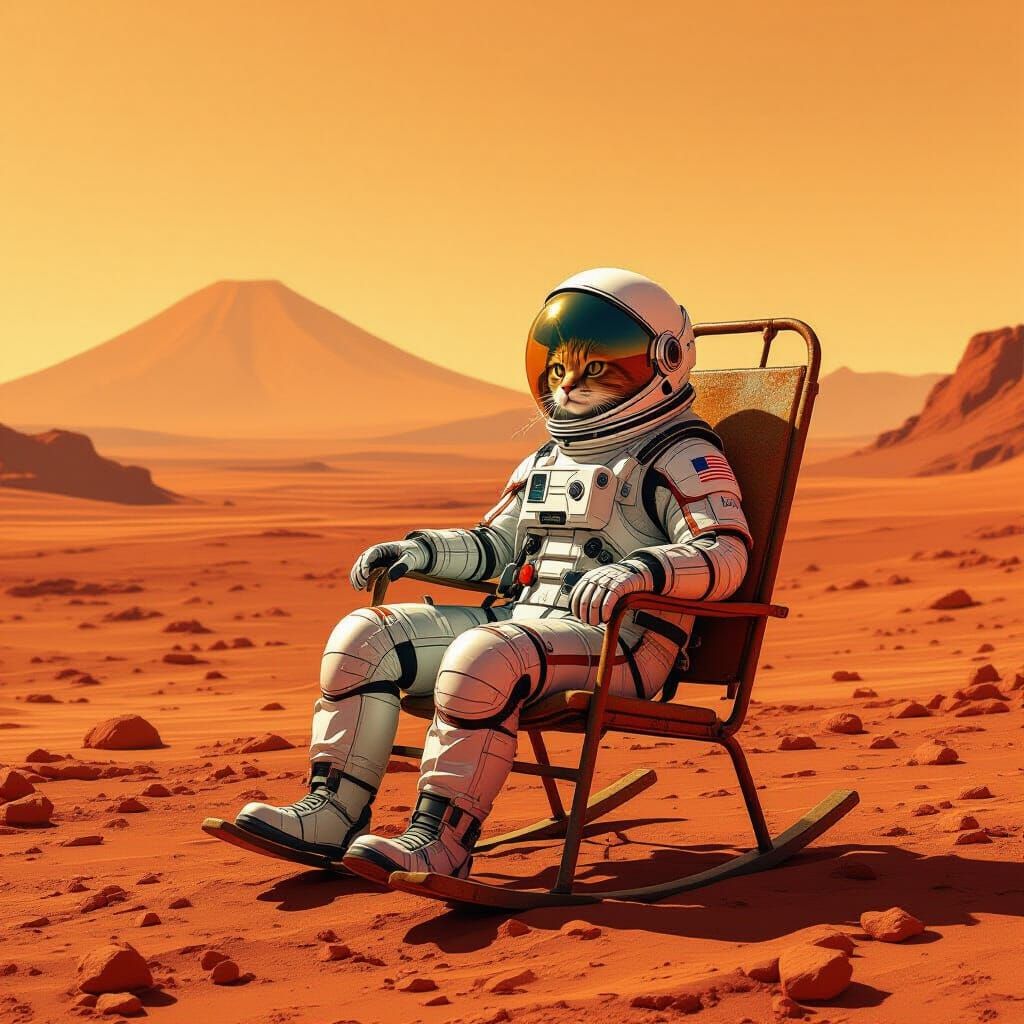 Cat Astronaut on Mars in Retro-Futuristic Style