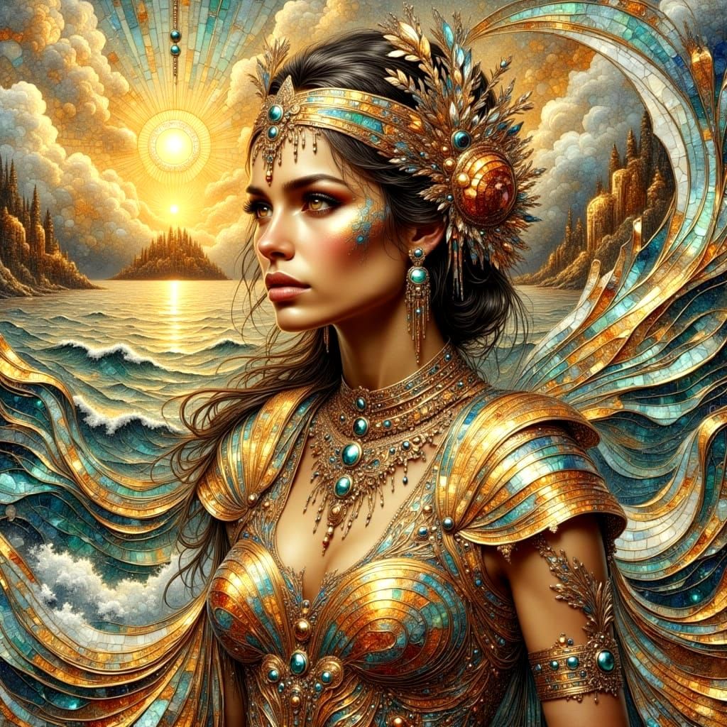 Surreal Klimt-Inspired Woman Amidst Soft-Colored Seascape