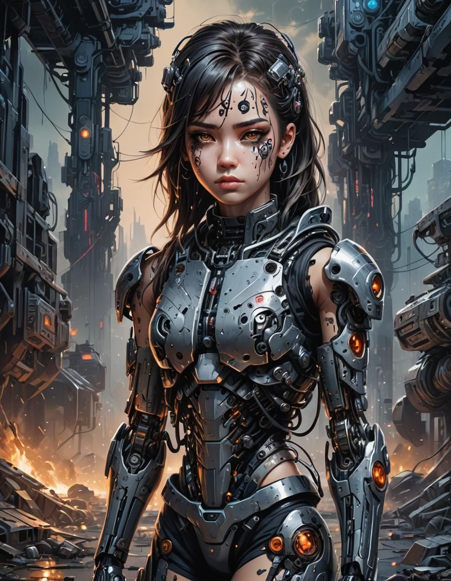 Anime Cyborg Girl in Dystopian Wasteland Oil Painting