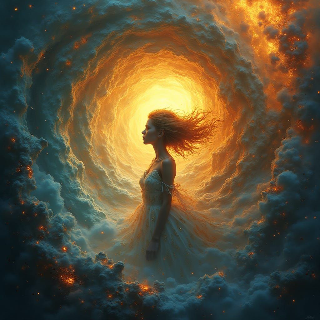 Golden Girl in a Swirling Vortex of Iridescent Colors