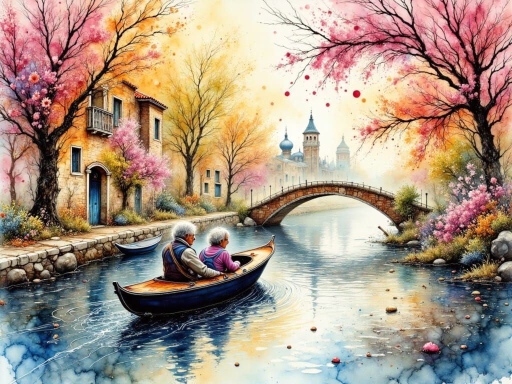 Elderly Couple on Magical Venice Canal Springtime Cruise