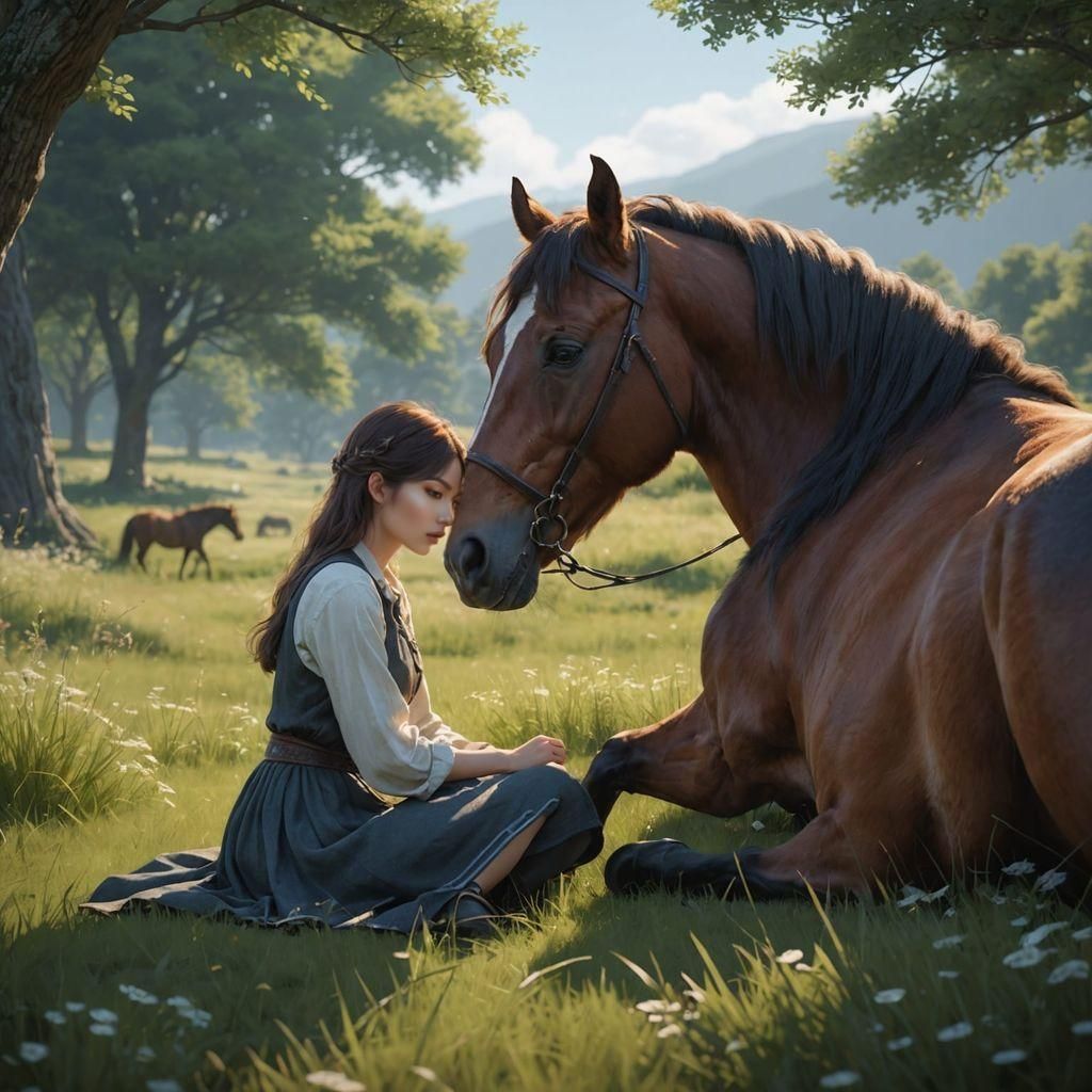 Woman and Wild Horse in Meadow, Detailed Digital Art