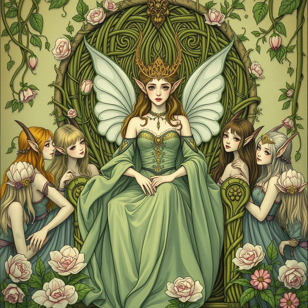 Ethereal Elf Queen Surrounded by Loyal Subjects in Art Nouve...
