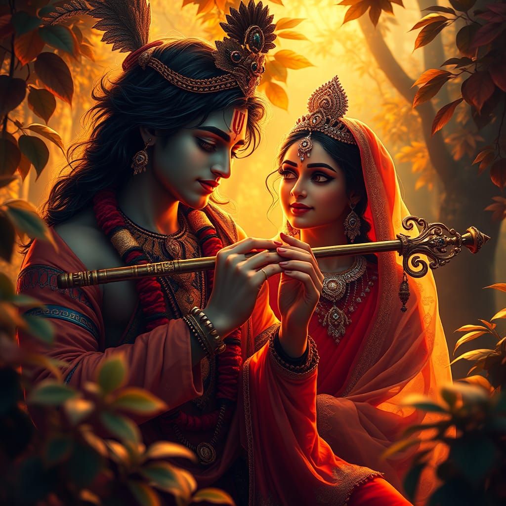Krishna and Radha in Lush Forest, Fantasy Art