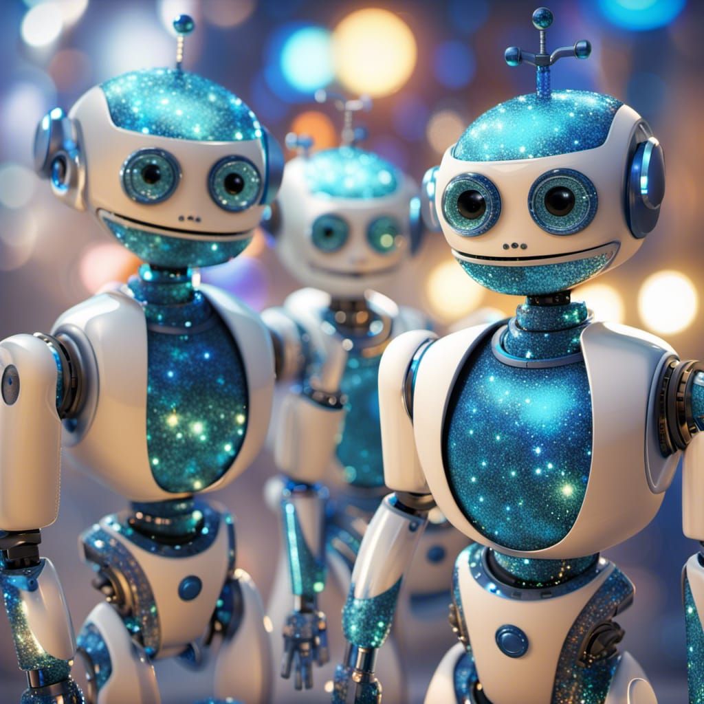 Glittery Robots in 3D Digital Art Style