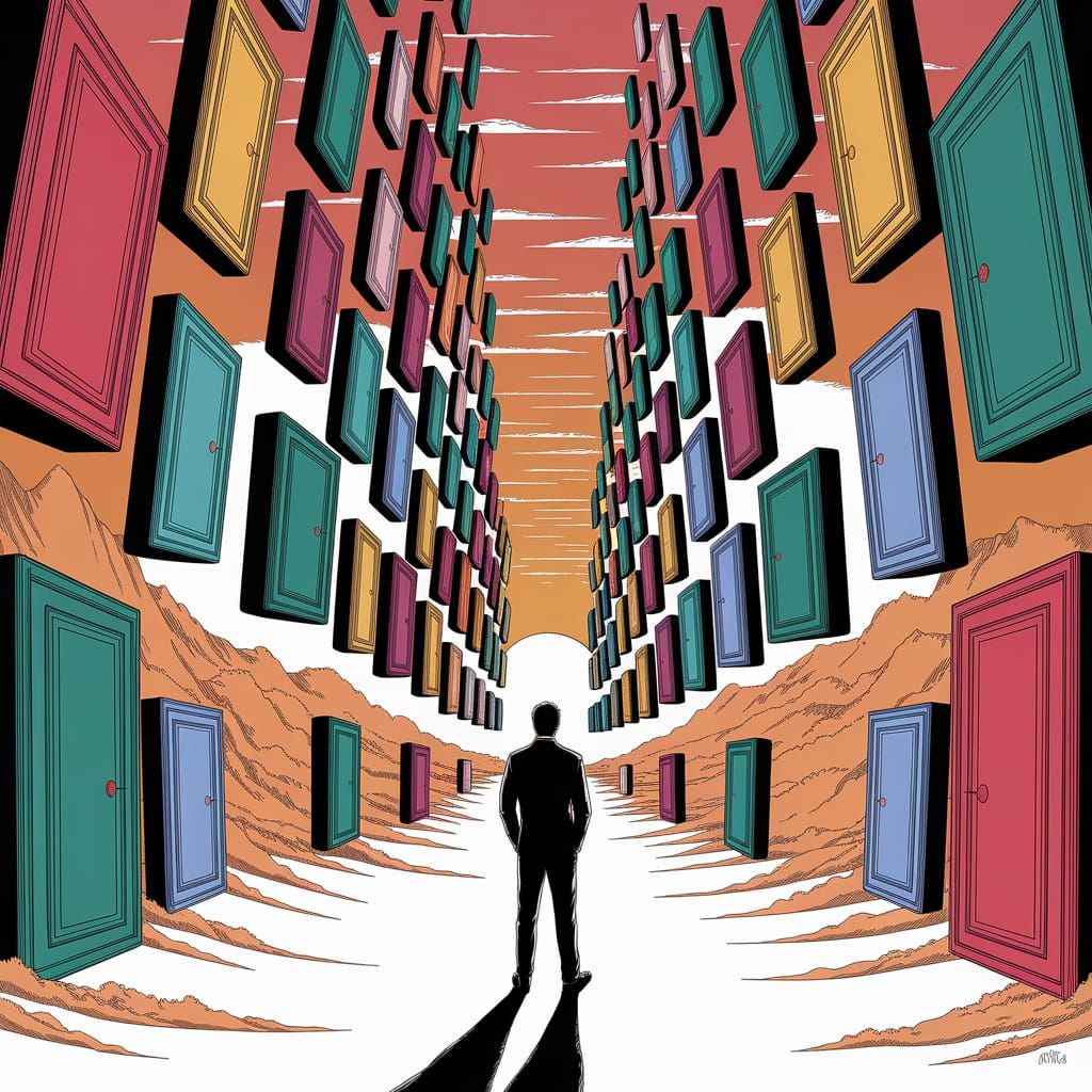 Floating Doors: A Hand-Drawn Whimsical Vista