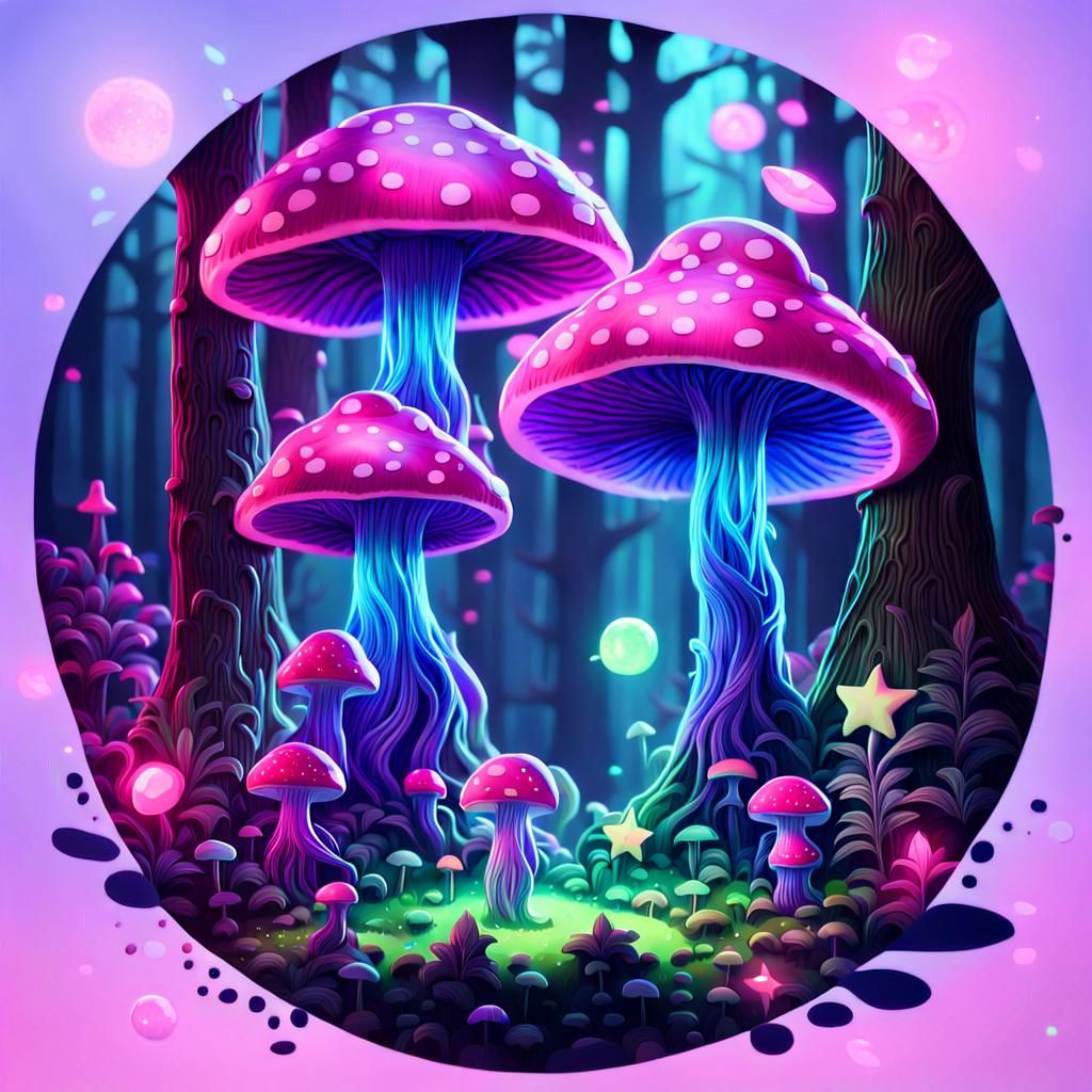 Glowing Mushroom Humanoids in a Neon Fantasy Forest