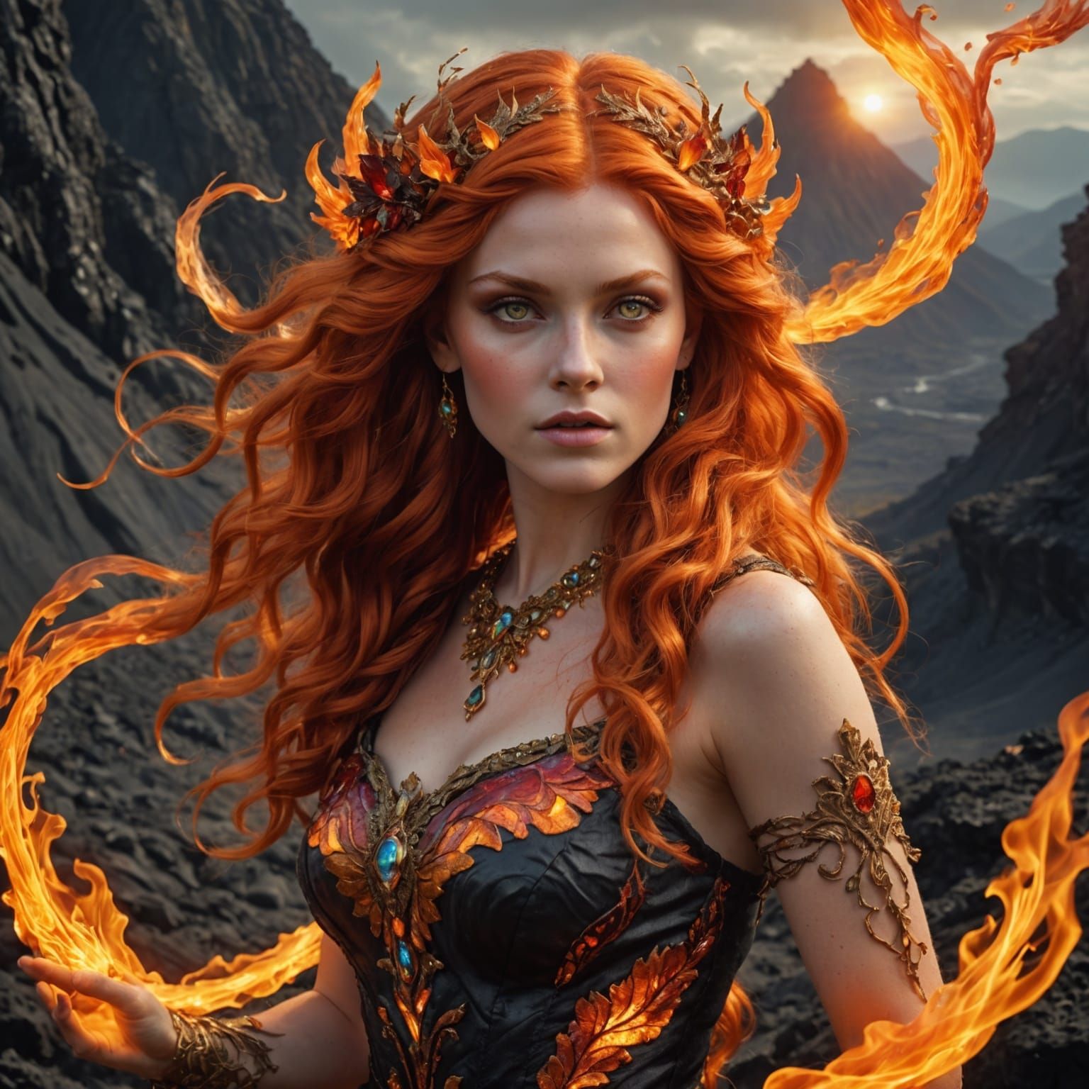 Volcanic Fairy with Fire Hair, Hyperrealistic Digital Art