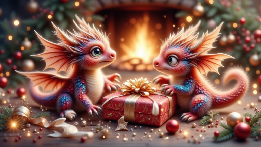 Baby Dragons Wrapping Christmas Presents with Festive Ribbon...