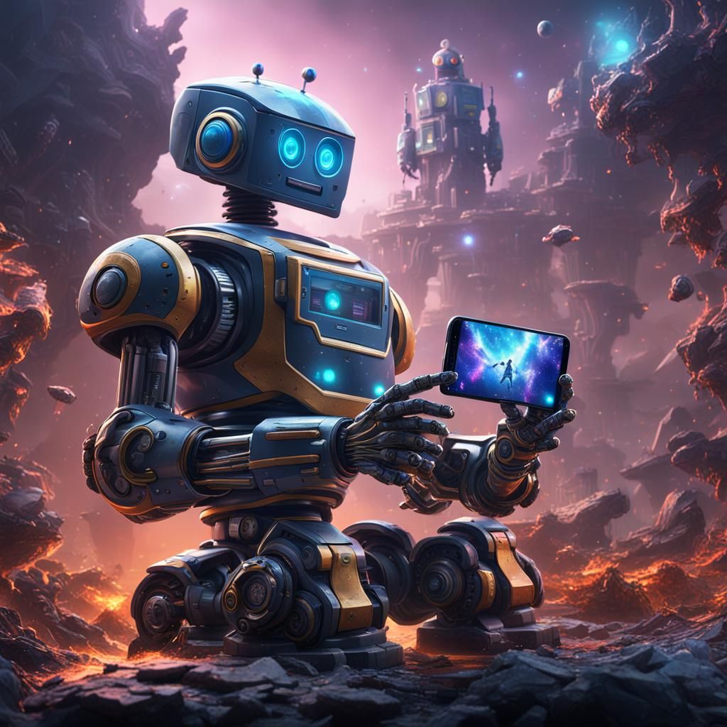 Robot Holding Smartphone with Galaxy Photo