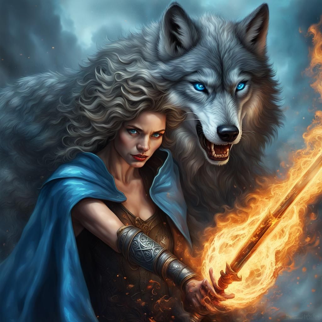 Magician and Wolf Fighting Demon with Fire Sword