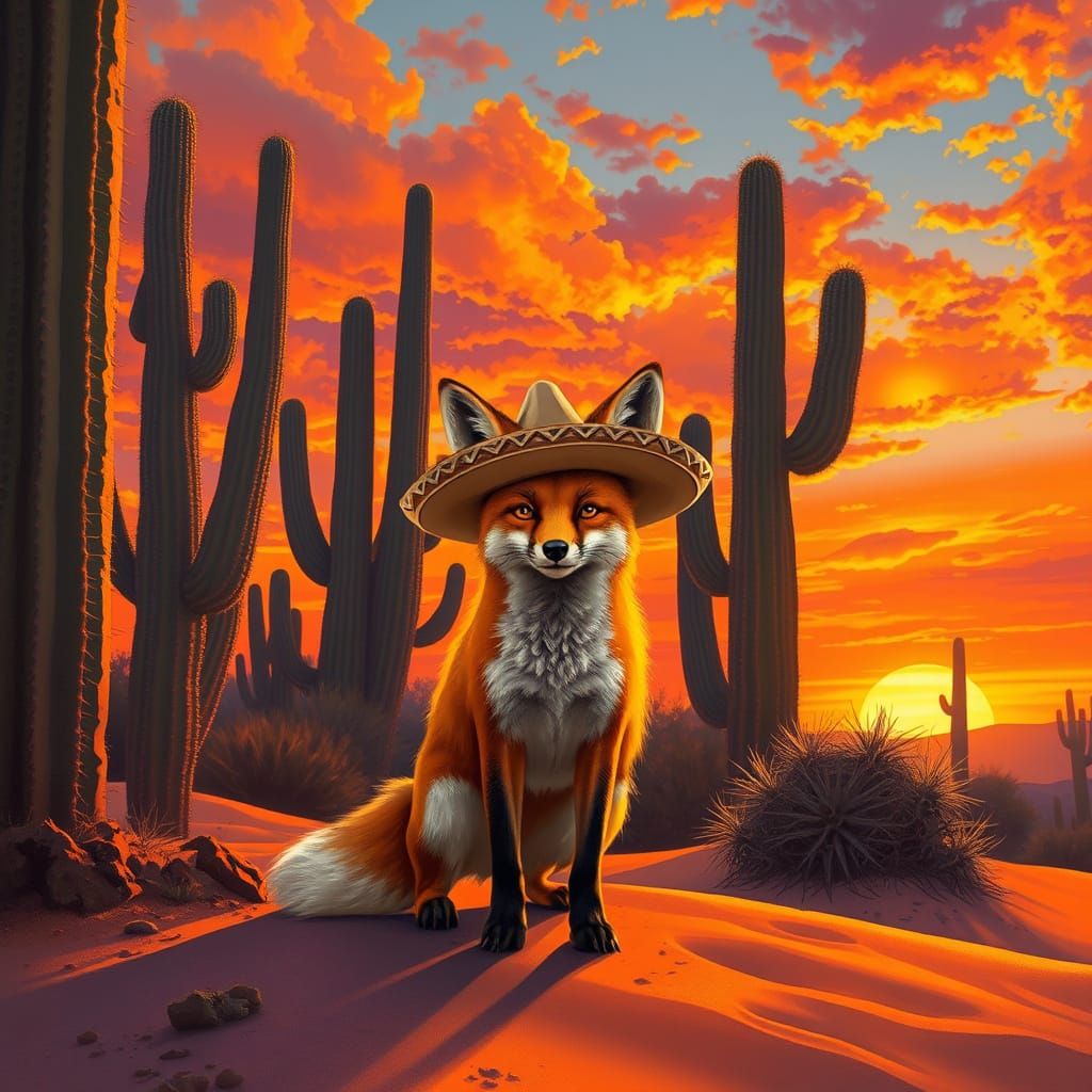 Desert Fox in Sombrero at Sunset: Realism and Warm Colors