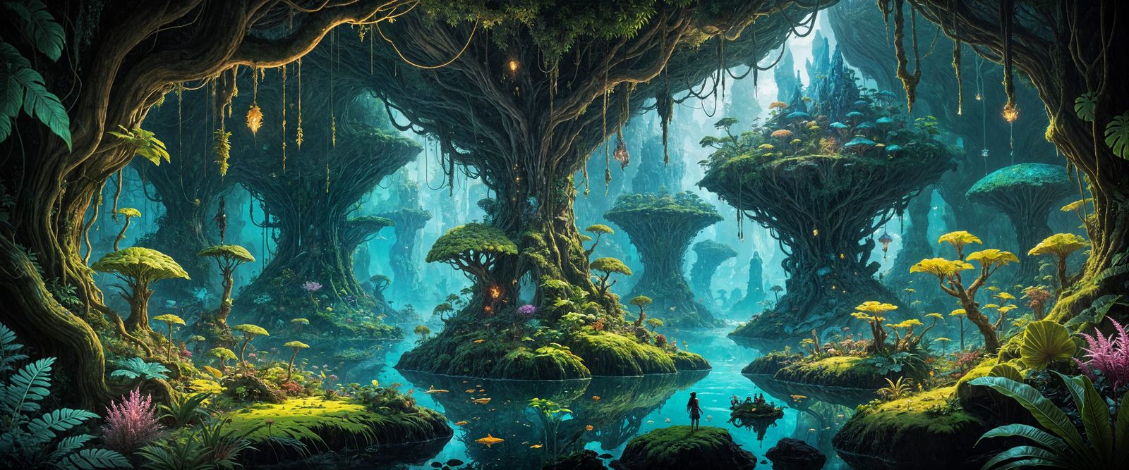 Giant Living Island Ecosystem with Tiny Explorers