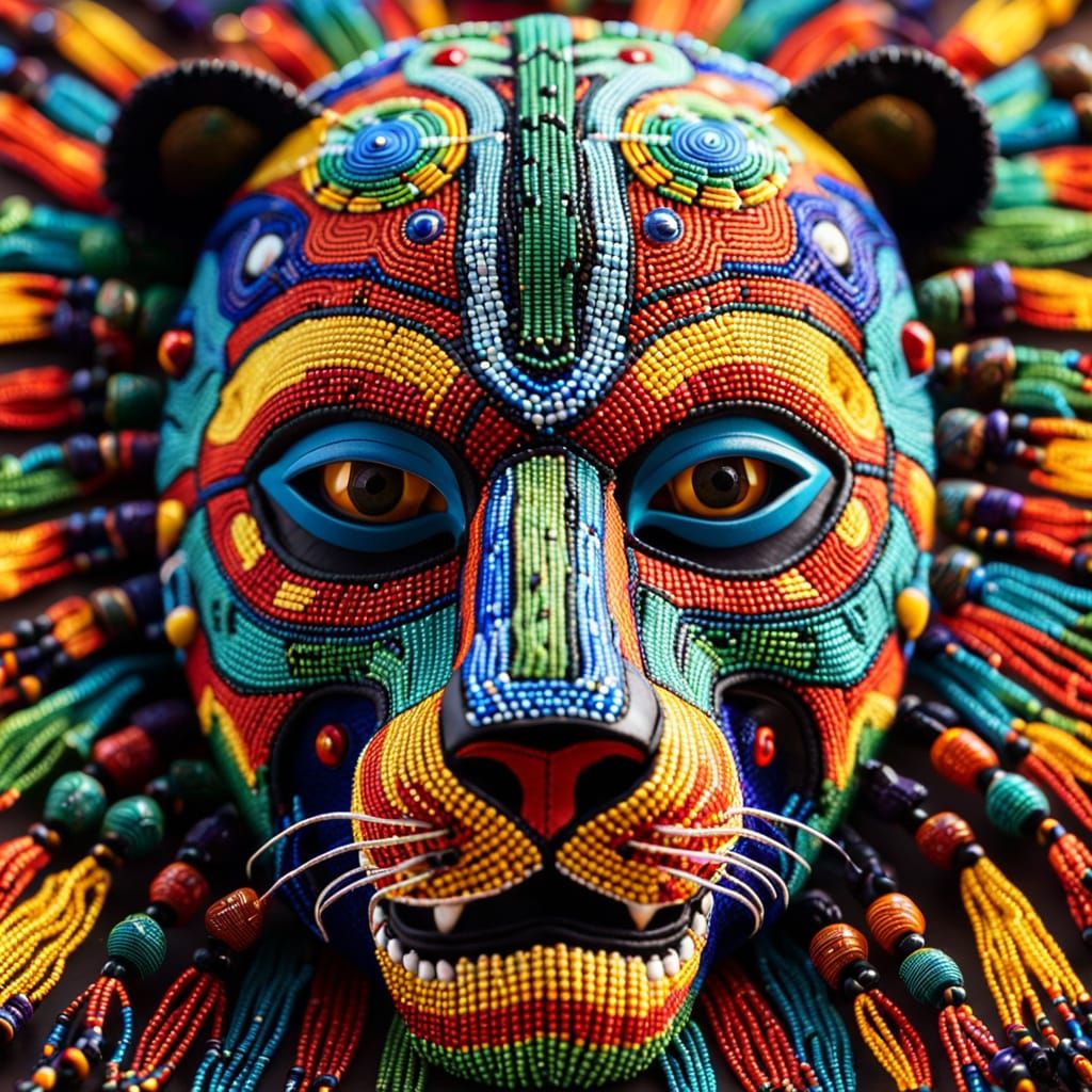 Colorful Huichol Beaded Jaguar Mask in Tribal Art