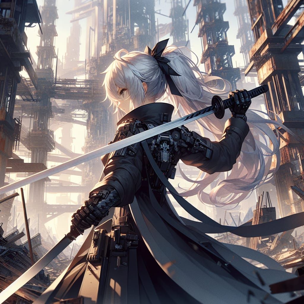 Futuristic Knight in Ruined City, Digital Art