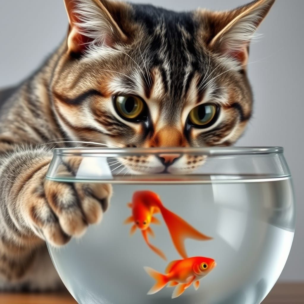 Grey Tabby Cat in Concentrated Pursuit of Silky Red Fish