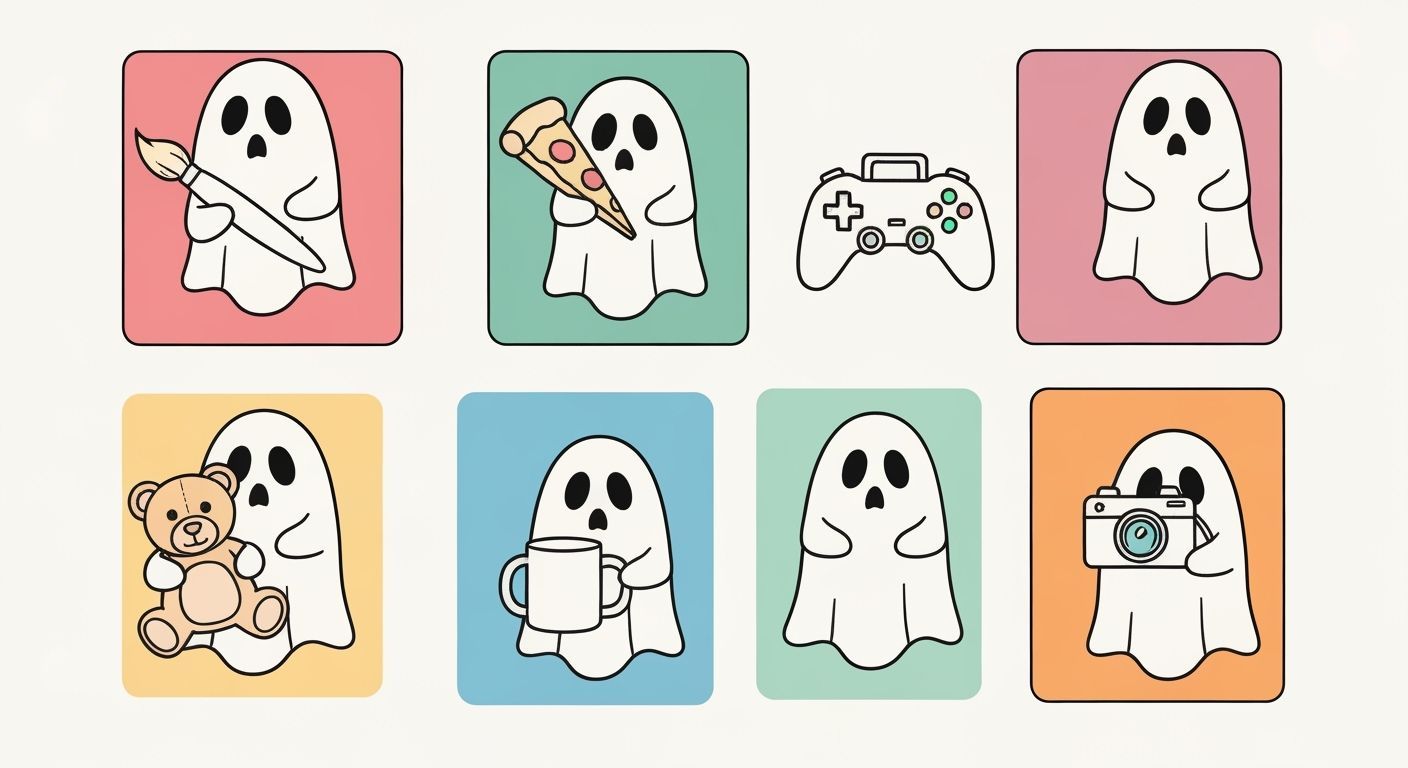 Six Cartoon Ghosts Holding Various Objects in Line Art Style