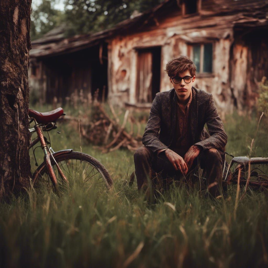 Village Scene with Young Man and Bike