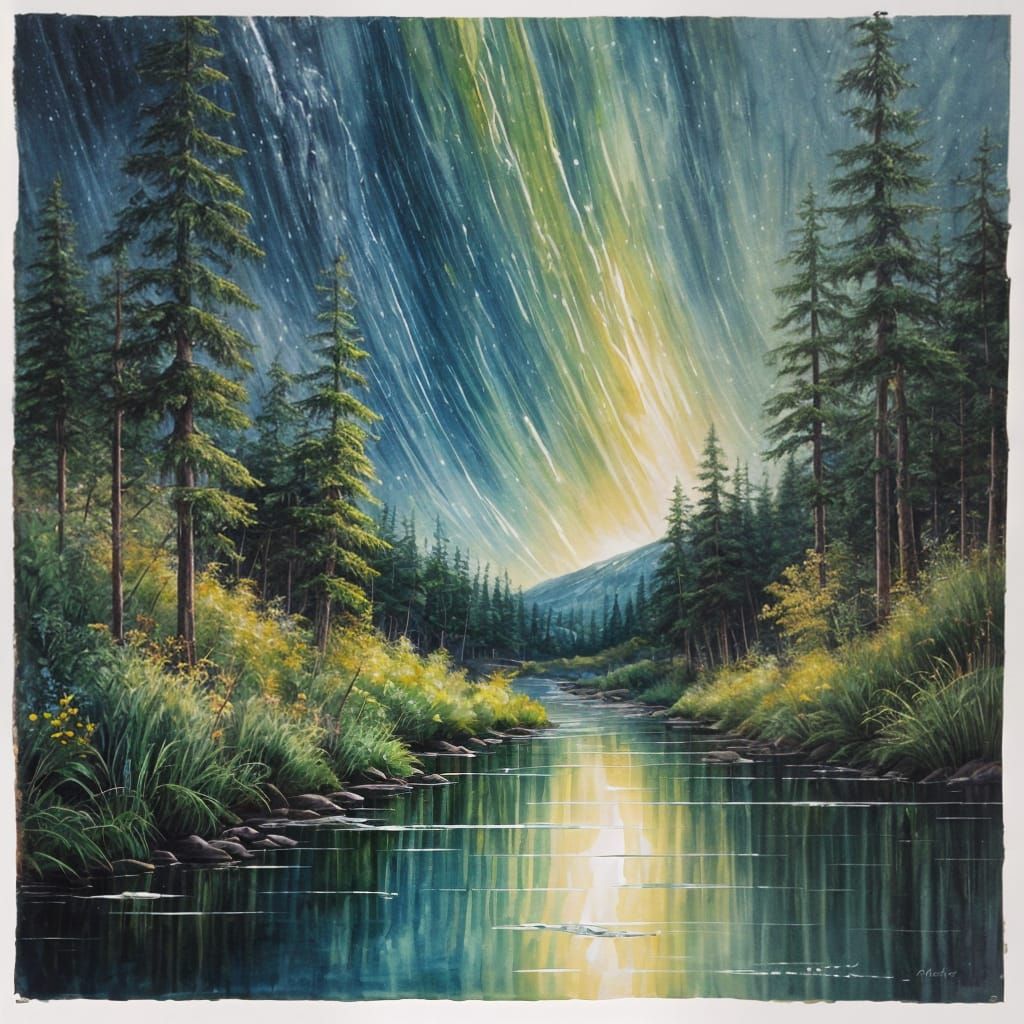Spring Forest River Under Northern Lights Painting
