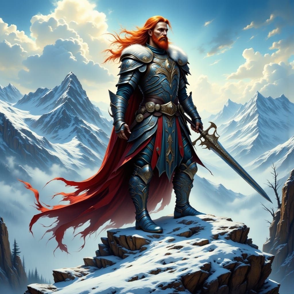 Barbarian Warrior on Snowy Peak, Digital Painting