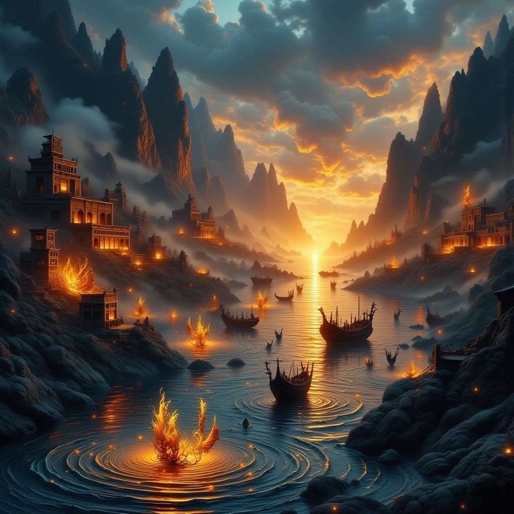 Mystical Phoenician Harbor in Bioluminescent Mist