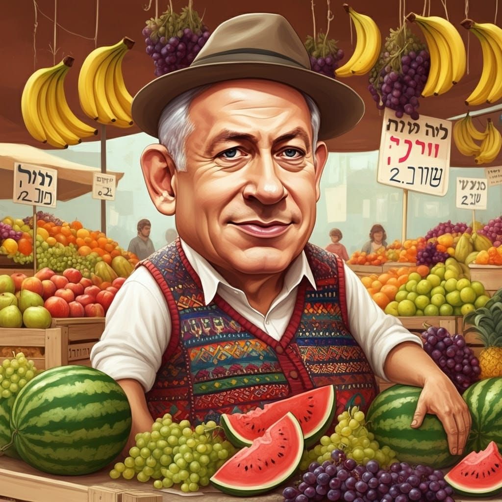 Netanyahu Caricature Selling Fruit in Market, Miro Style