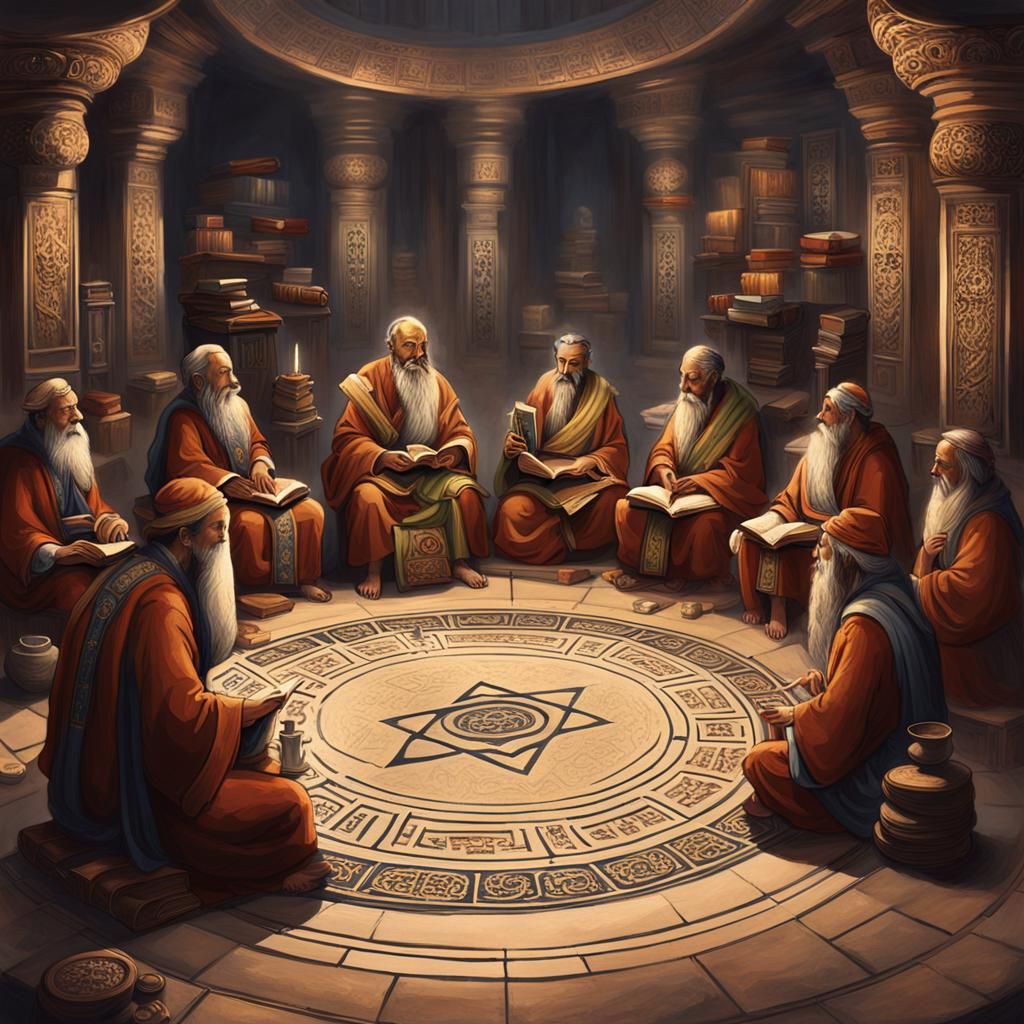 Serene Gathering of Ancient Sages Contemplating Wisdom